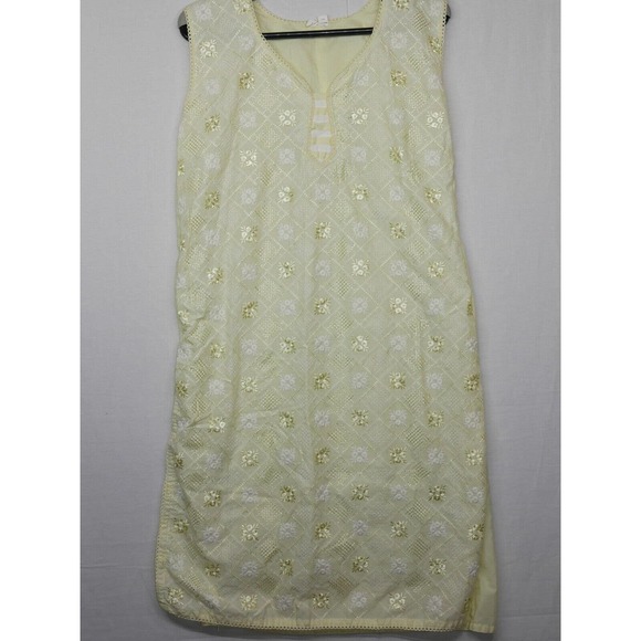 Ao Dai Vietnamese Dress Yellow White Silk Embroidered Flowers Floral Size 40 L - Picture 1 of 8